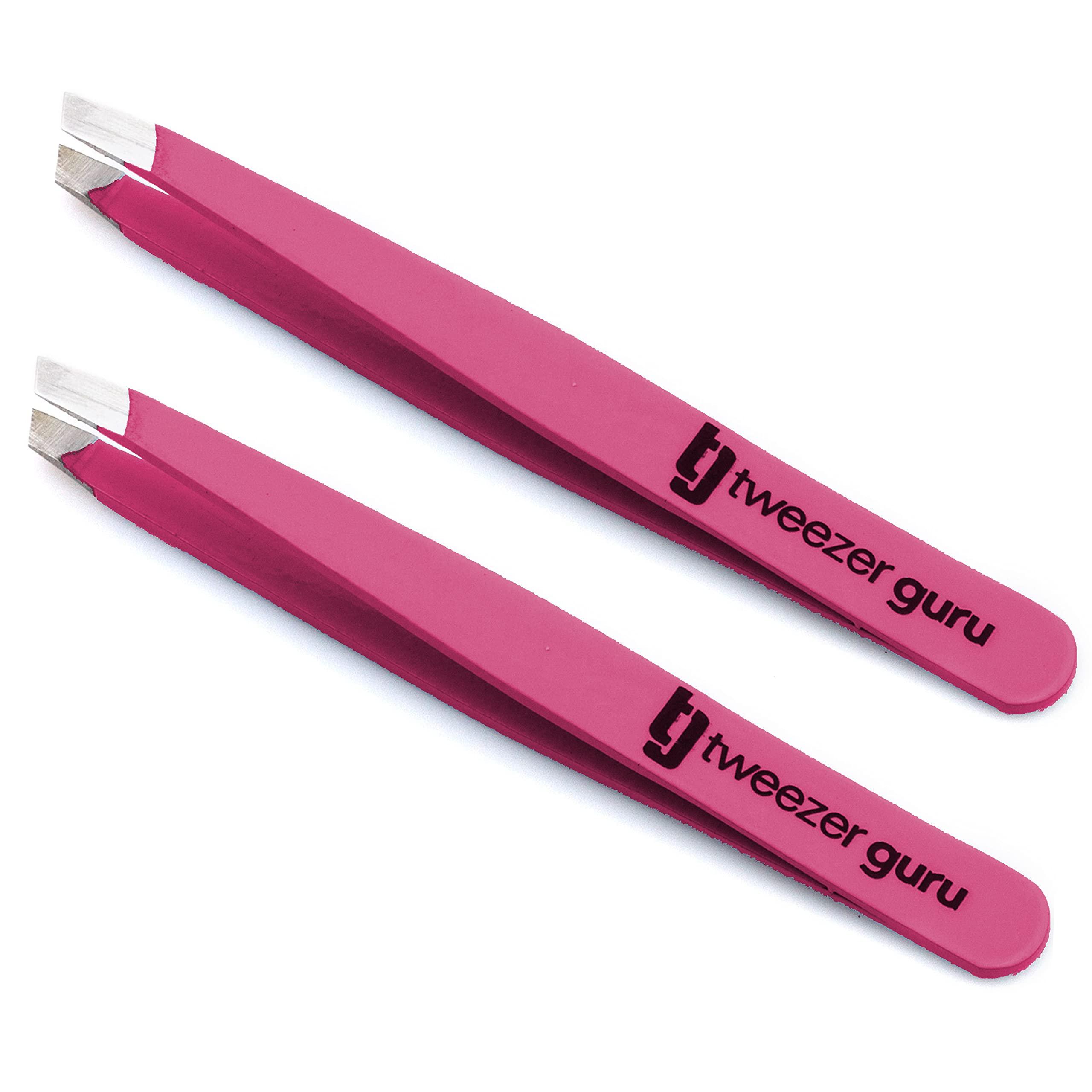 TWEEZER GURU Tweezer Guru Tweezers for Women - 2pc Slant Pointed Precision Tweezers for Eyebrows & Ingrown Hair Removal - Blackhead and Splinter Tweezer with Sharp Needle Nose Point for Plucking (Classic Pink)