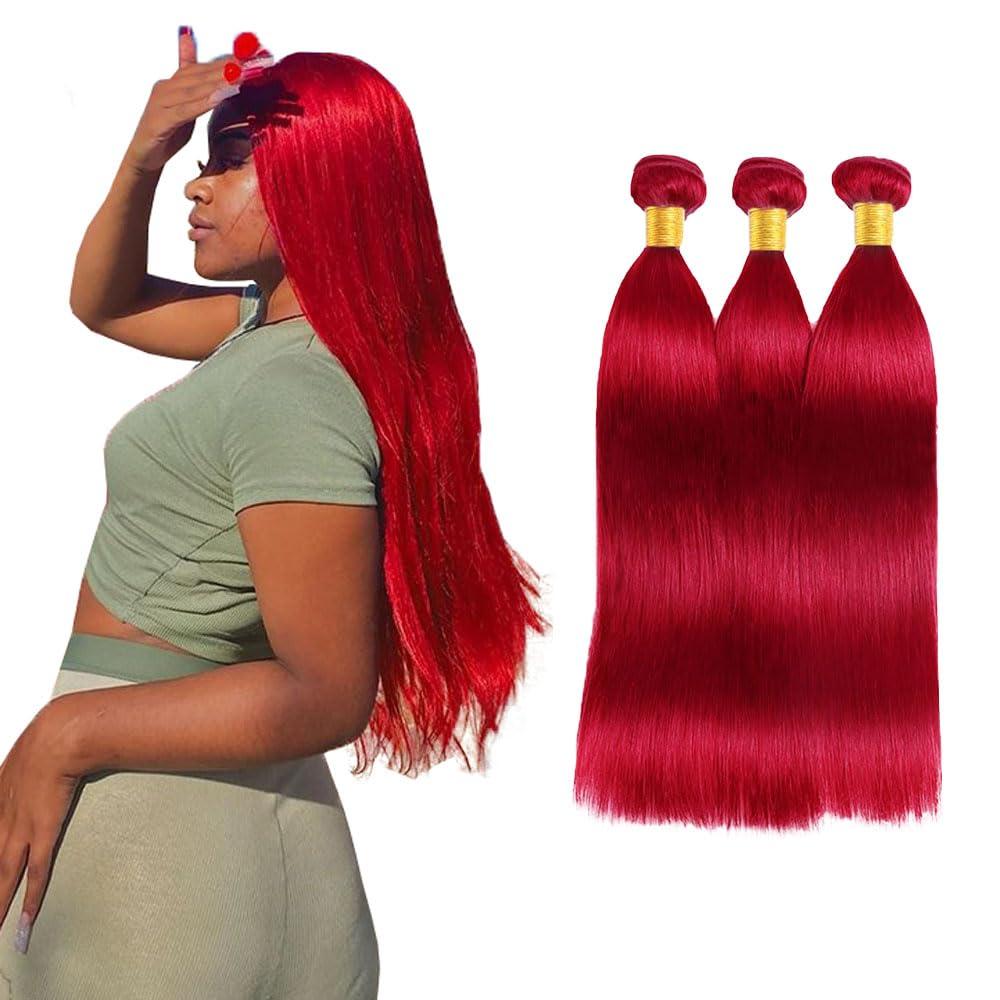 ZevPiul 26 28 30 Inch Red Straight Bundles Wine Red Bundles Human Hair Weave Brazilian Virgin Remy Human Hair Extensions Red Straight Human Hair Bundles for Black Women