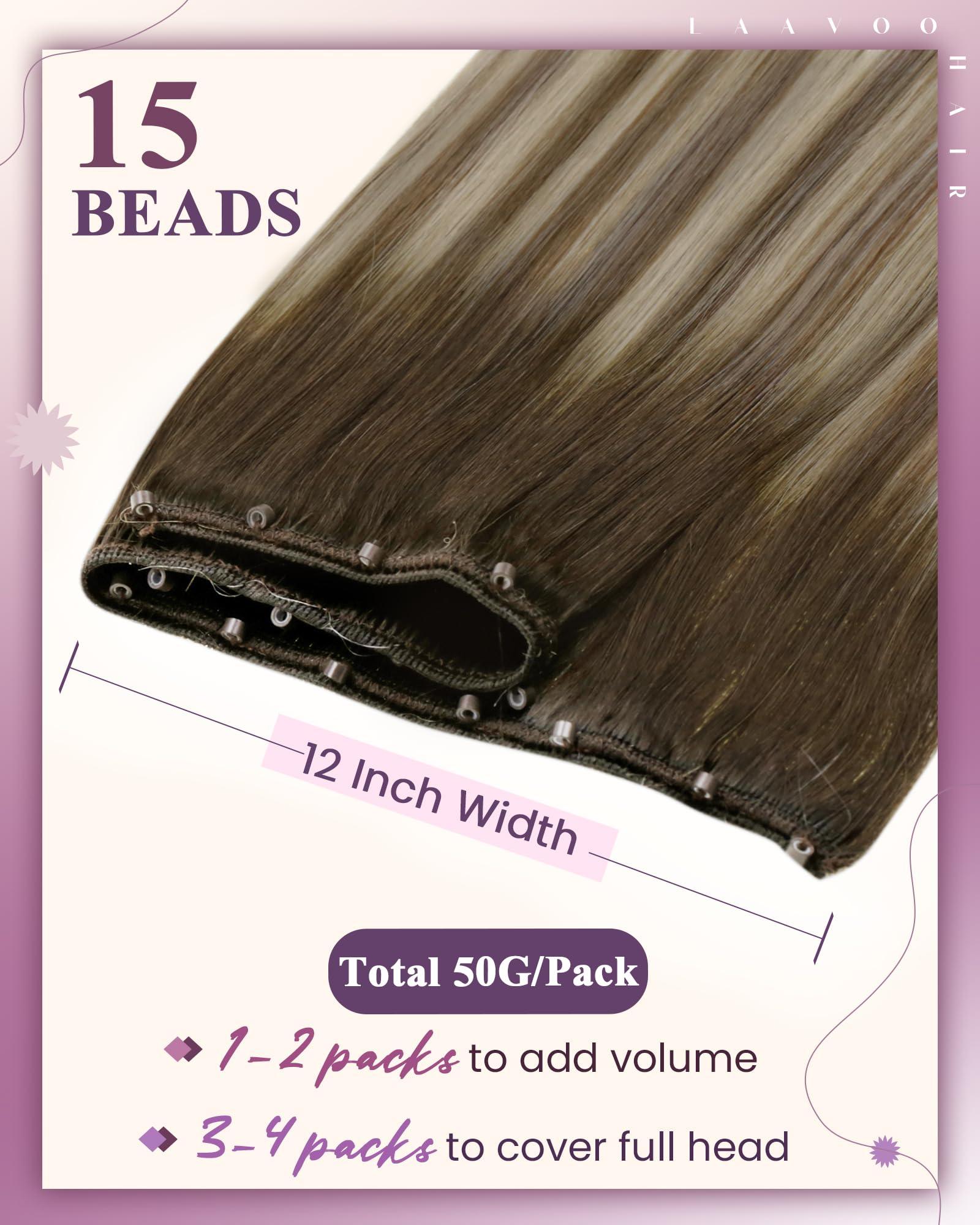 LAAVOO LaaVoo Beaded Weft Hair Extensions Human Hair Microbead Extensions Ombre Micro Beads Weft Human Hair Extensions Brown to Light Brown Mix Blonde Beaded Weft Extensions Human Hair 50G 18 Inch