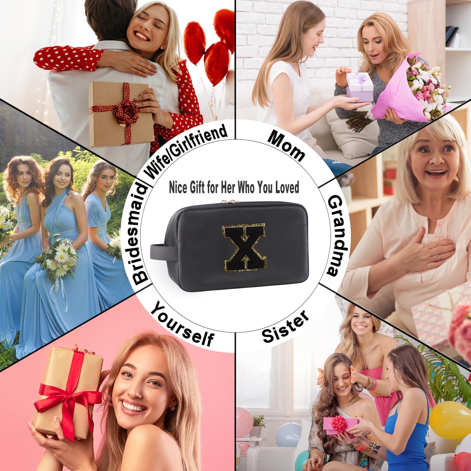 YogoRun YogoRun Initial Makeup Bag for Purse With Glitter Chenille Portable Water-resistant Travel Bags for Toiletries Nylon Cosmetic Bag Pouch for Women (Black-X)