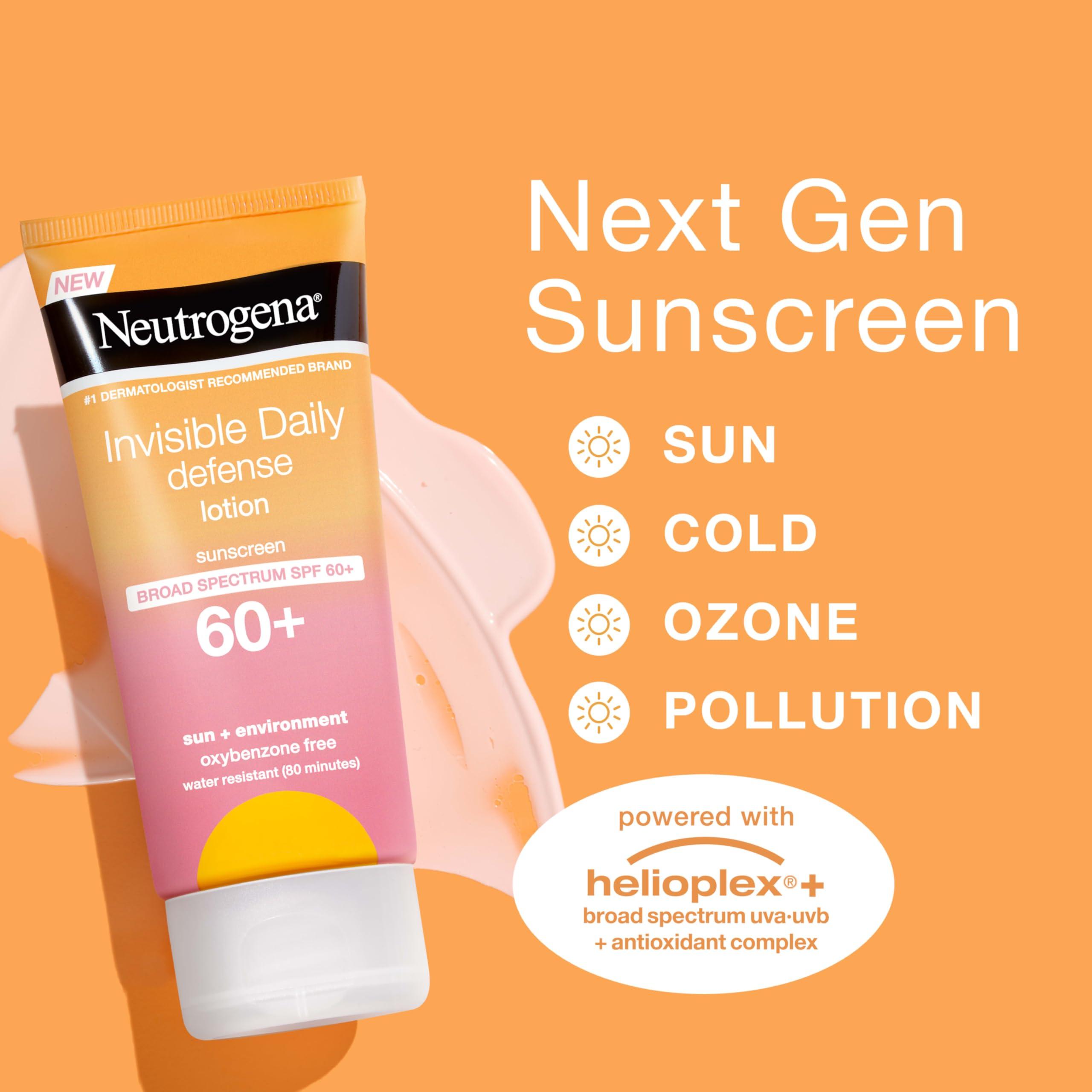 Neutrogena Neutrogena Invisible Daily Sunscreen Lotion, Broad Spectrum SPF 60+, Oxybenzone-Free & Water-Resistant, Sun or Environmental Aggressor Protection, Antioxidant, 3 Fl Oz (Pack of 1)