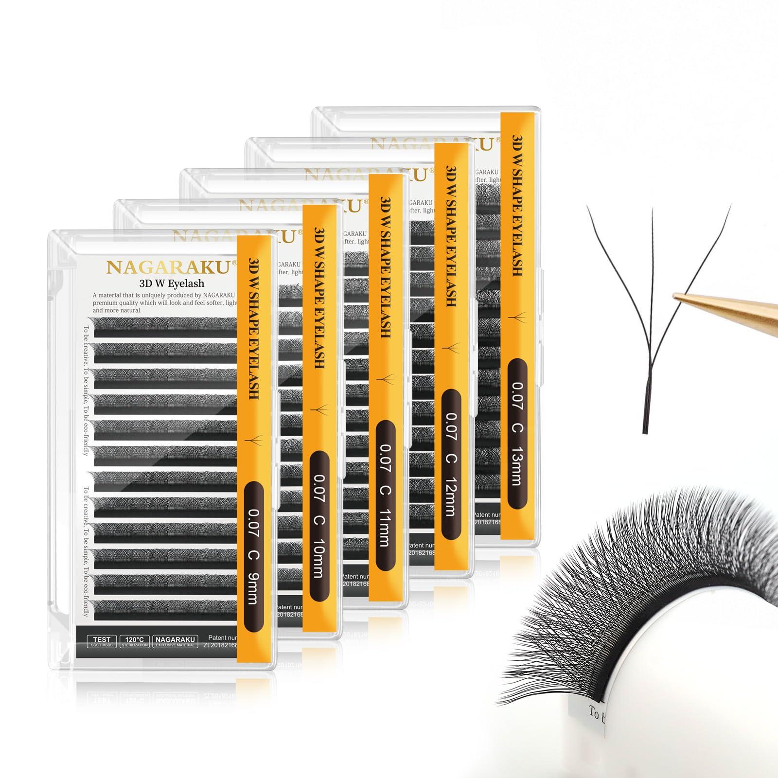 NAGARAKU NAGARAKU 3D W Shape Eyelash Extension 5 Trays in 1 pack Volume 0.07mm C curl 9/10/11/12/13mm Premade Fans Faux Mink Matte Black Cluster Easy Fanning False Lashes