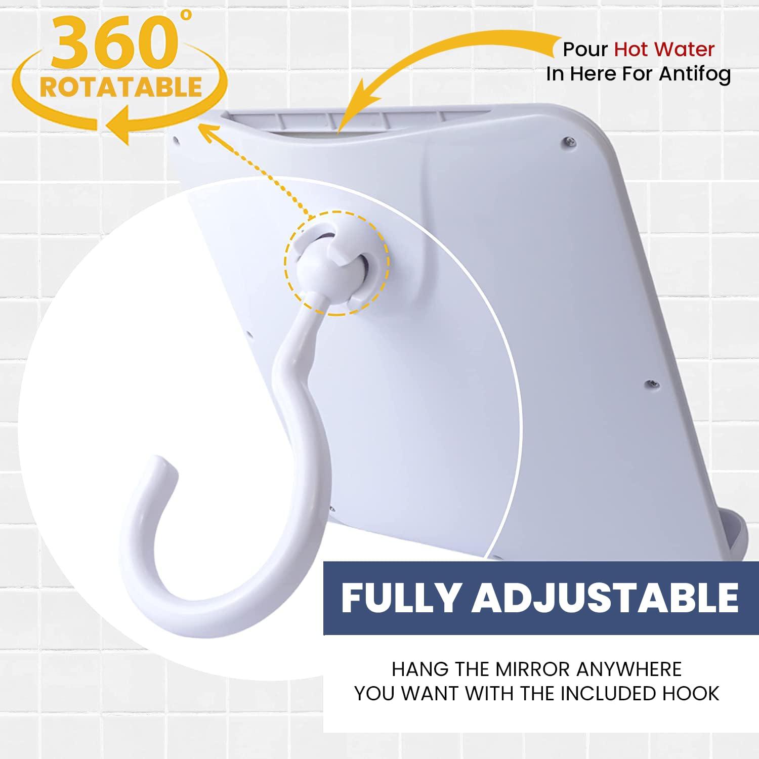 MIRRORVANA REAL GLASS Hanging Shower Mirror for Distortion-Free Shaving - Fogless Mirror with Razor Holder, 360 Adjustable Hook - Fill Back Reservoir with Hot Water for Anti-Fog Shave (8\" x 7\", White)