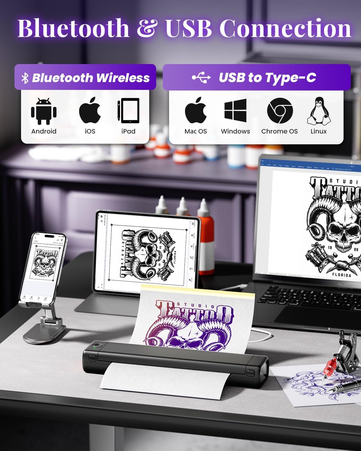 Phomemo Phomemo M08F Tattoo Stencil Printer Bluetooth, Wireless Tattoo Printer Machine, Portable Thermal Printer Tattoo, Compatible with Smartphone, Pad and PC, with 10pcs Transfer Paper (Black)