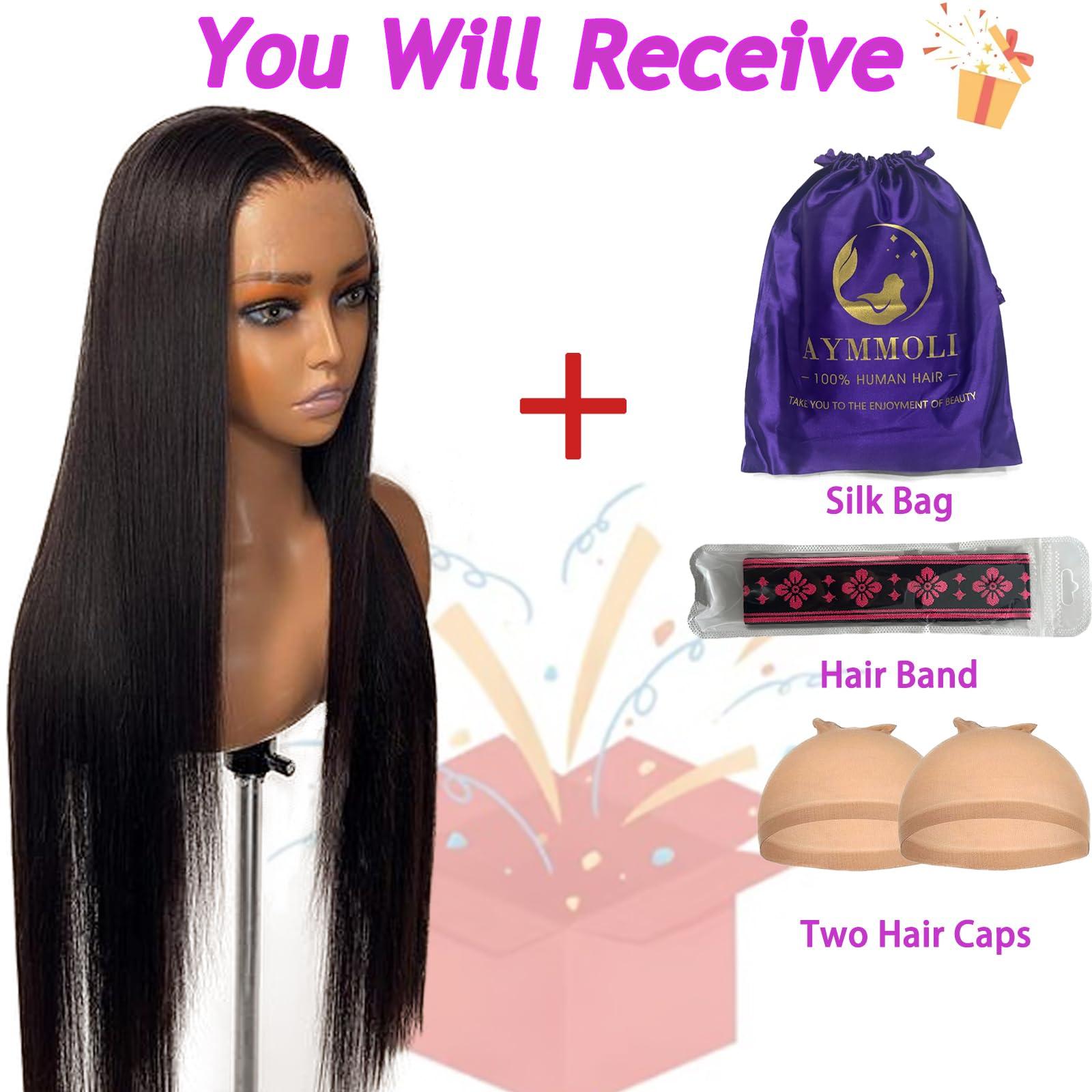 AYMMOLI 26 Inch Straight Lace Front Wigs Human Hair Pre Plucked 180% Density Glueless Wigs Human Hair 13x4 HD Transparent Human Hair Lace Frontal Natural Hairline Brazilian Virgin Hair for Women Natural