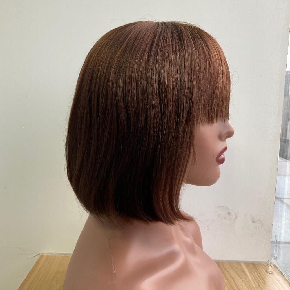 NICMISS NICMISS Chocolate Brown Human Hair Wigs with Bangs Short Bob Wig Human Hair 14 Inch Straight Bob Wigs for Black Women Human Hair Glueless None Lace Front Brazilian Hair Dark Brown