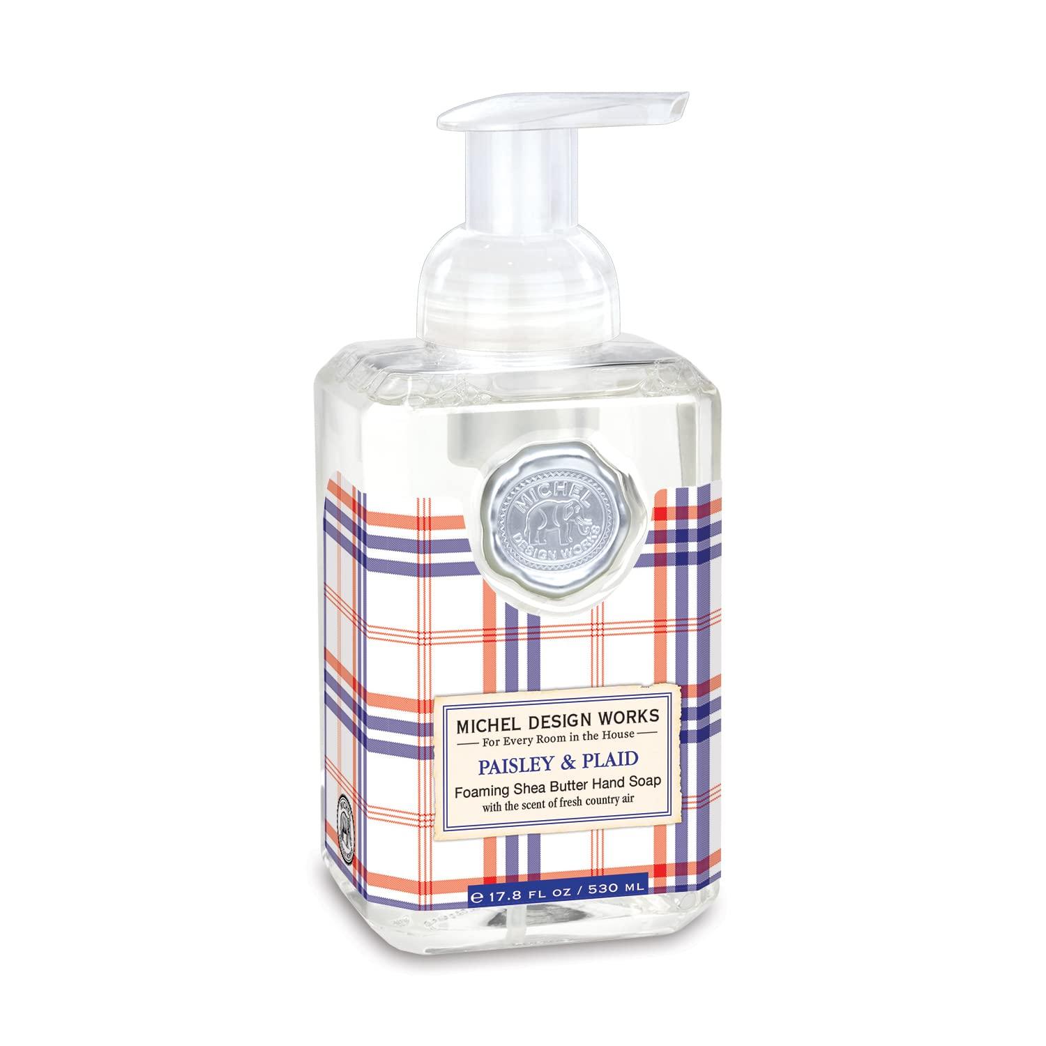 Michel Design Works Michel Design Works Foaming Hand Soap 17.8oz, Paisley & Plaid (Red, White, and Blue Plaid Design) Scent and Design, Shea Butter and Aloe Vera Blend, Beautiful Square Container with Pump