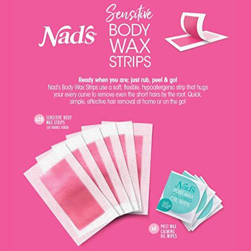 Nad's Nad’s Body Wax Strips for Sensitive Skin, Hair Removal for Sensitive Skin, Hypoallergenic, Includes 28 Waxing Strips & 2 Post Wax Calming Oil Wipes