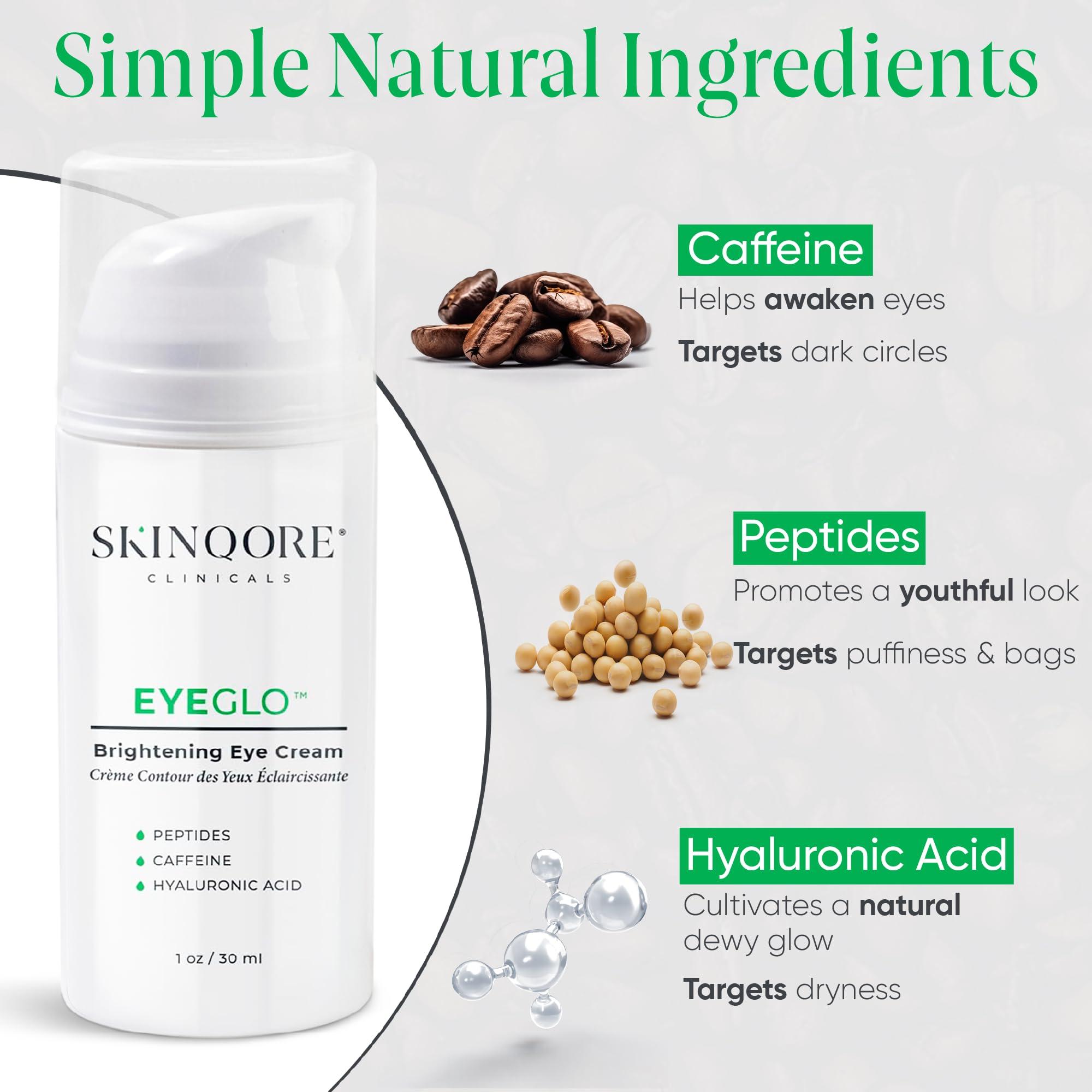 Skinqore Clinicals EyeGLO Caffeine Eye Cream for Dark Circles, Eye Bags, and Puffiness | UnderEye Treatment for Women with Peptides, Antioxidants, Hyaluronic Acid | Natural Brightening EyeCream - 1 Oz