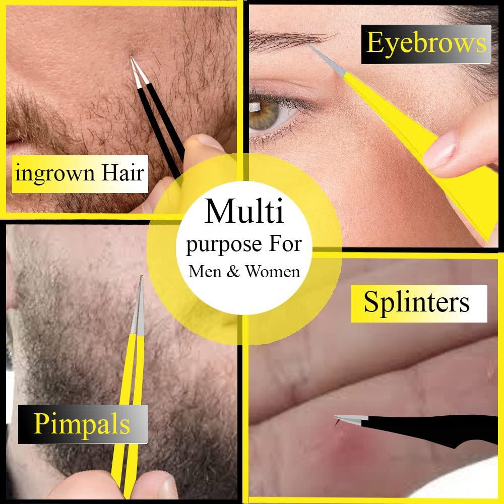 LahGum Metal Super Sharp Pointed Tweezers Precision Fine Point Tip Ingrown Hair Tweezers Kit Best Pointed Tweezers for Women Chin Hair Removal - Extra Thin Tweezers Precision Stainless Facial Hair Remover for Face