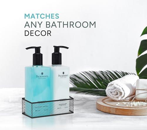 Pecksniff\'s Pecksniffs Kitchen Soap Dispenser Set, Moisturizing Liquid Hand Soap Lotion Set for Kitchen Sink Bathroom Countertop with Black Metal Mesh Caddy, 10.14 Fl oz (Sandalwood and Vanilla)