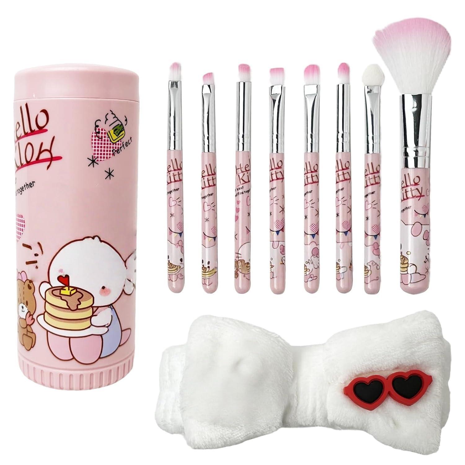 Holymid Kawaii Kitty 8PCS Makeup Brush with Storage Bucket and Headband, Cartoon Cat Cosmetic Makeup Brush Set Professional Tool Kit Set Brush Set Best Gift for Girl Women