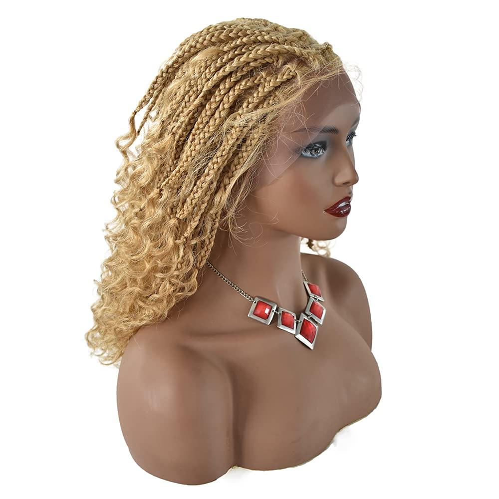 F M FACE MIRACLE NEW YORK F M FACE MIRACLE NEW YORK Lace Braided Wigs with Baby Hair Curly Hand Braided Synthetic Swiss Lace Front Lightweight Cornrow Box Braids Wig (LL602483C, #27/613M Blonde)