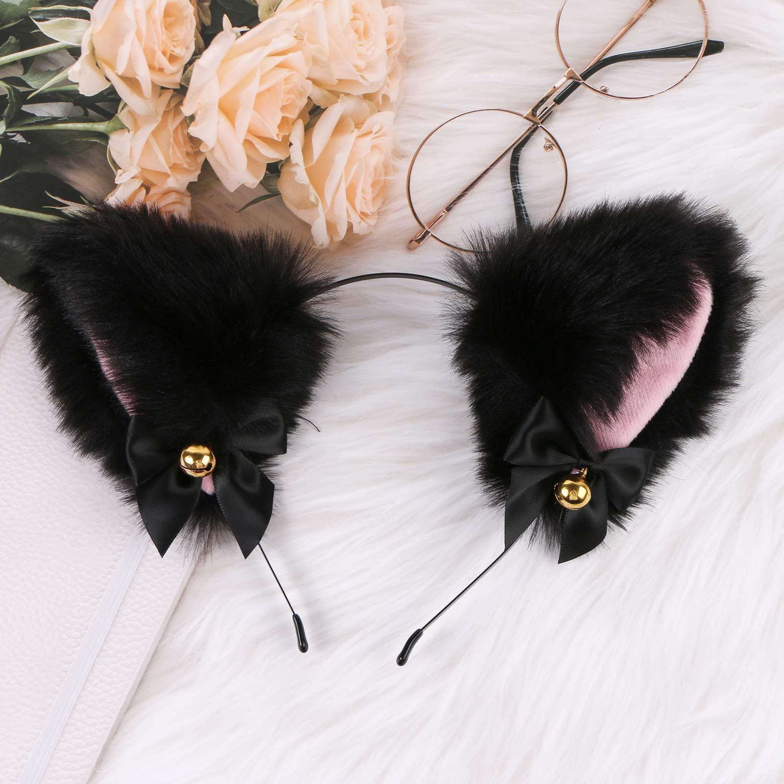 EVERMARKET EVERMARKET Cat Ears, Faux Furry Headband with Bells, Anime Fox Cat Ears Cosplay Accessories, Hairband for Halloween Costume Party Fancy Dress, One Size, Black-Inner Pink