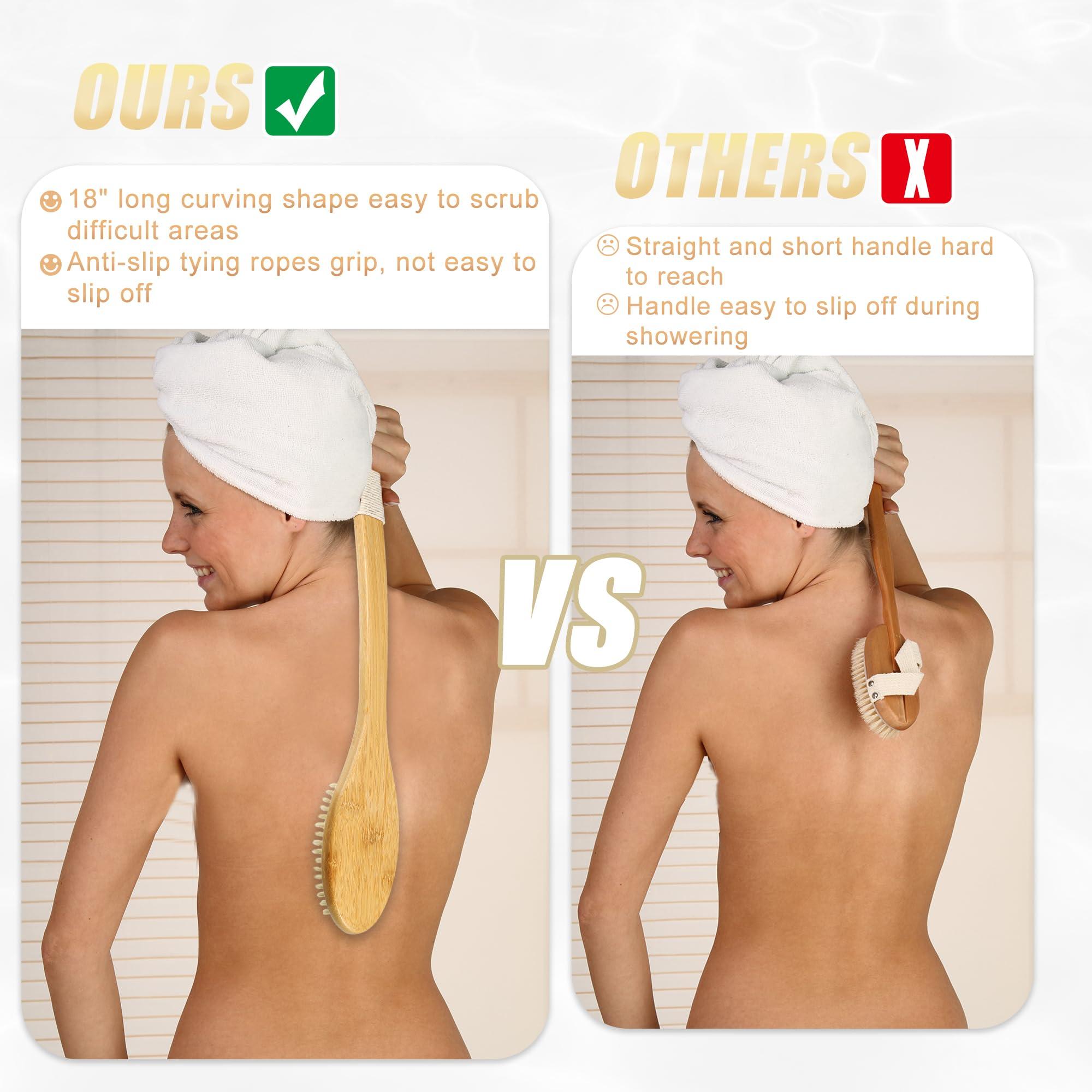 VOCOSTE VOCOSTE Boar Bristle Dry Brushing Body Brush, 18inch Bath Brush Curved Long Handle for Shower, Wooden Body Brush for Showering and Exfoliating, Body Scrubber for Men Women