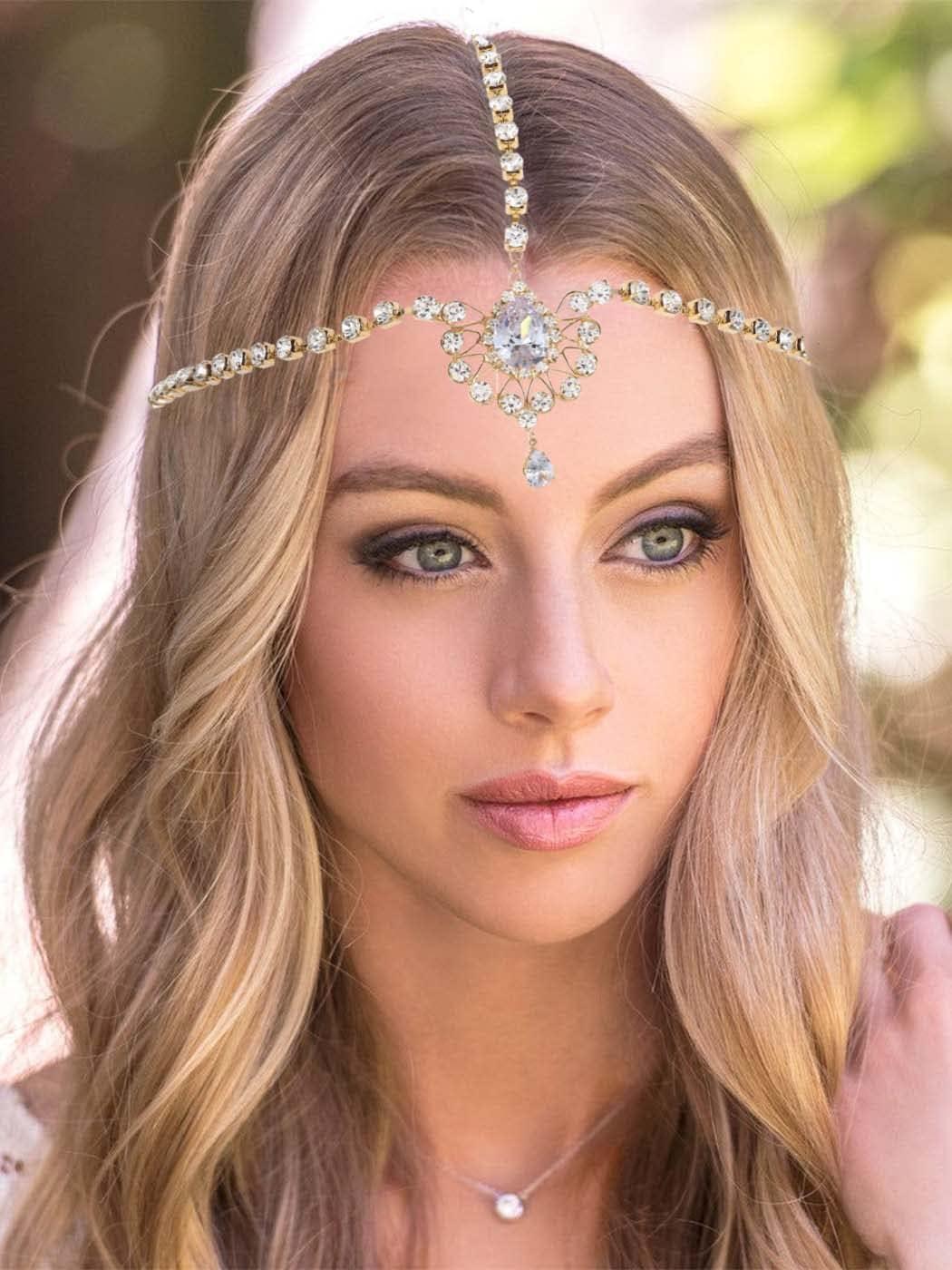 Catery Catery Head Chain Jewelry Crystal Hair Chains Boho Headpiece Pendant Head Chain Hair Jewelry Hair Accessories for Women and Girls (Gold)