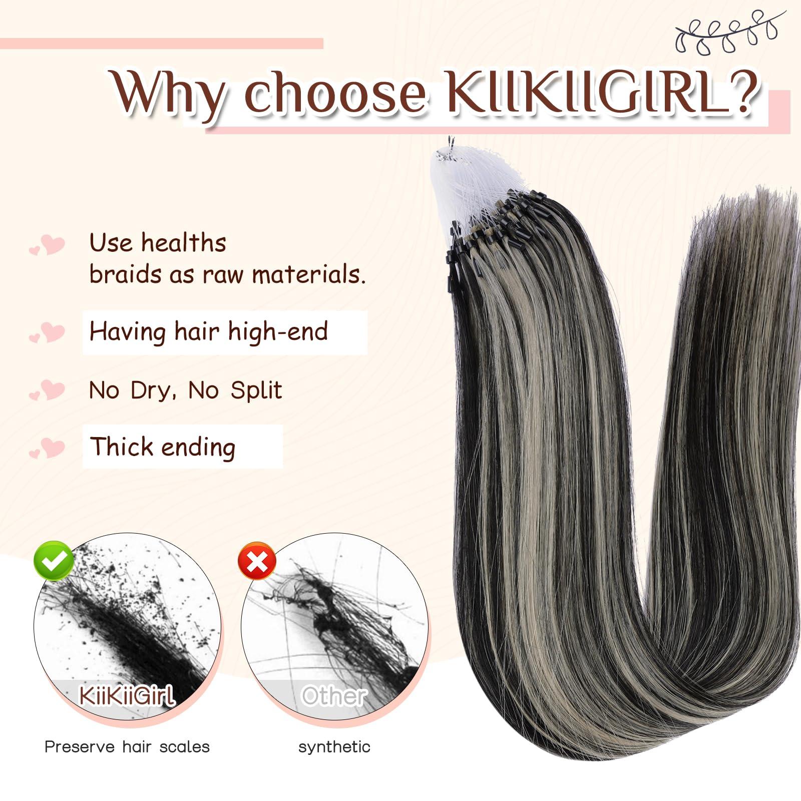 KiiKiiGirl KiiKiiGirl Micro Link Virgin Remy Hair Extensions Human Hair 16inch Microlink Beads Hair Extensions Human Hair Micro Loop Hair Extensions Real Human Hair #1B/Silver Natural Black to Silver 50G/Pack