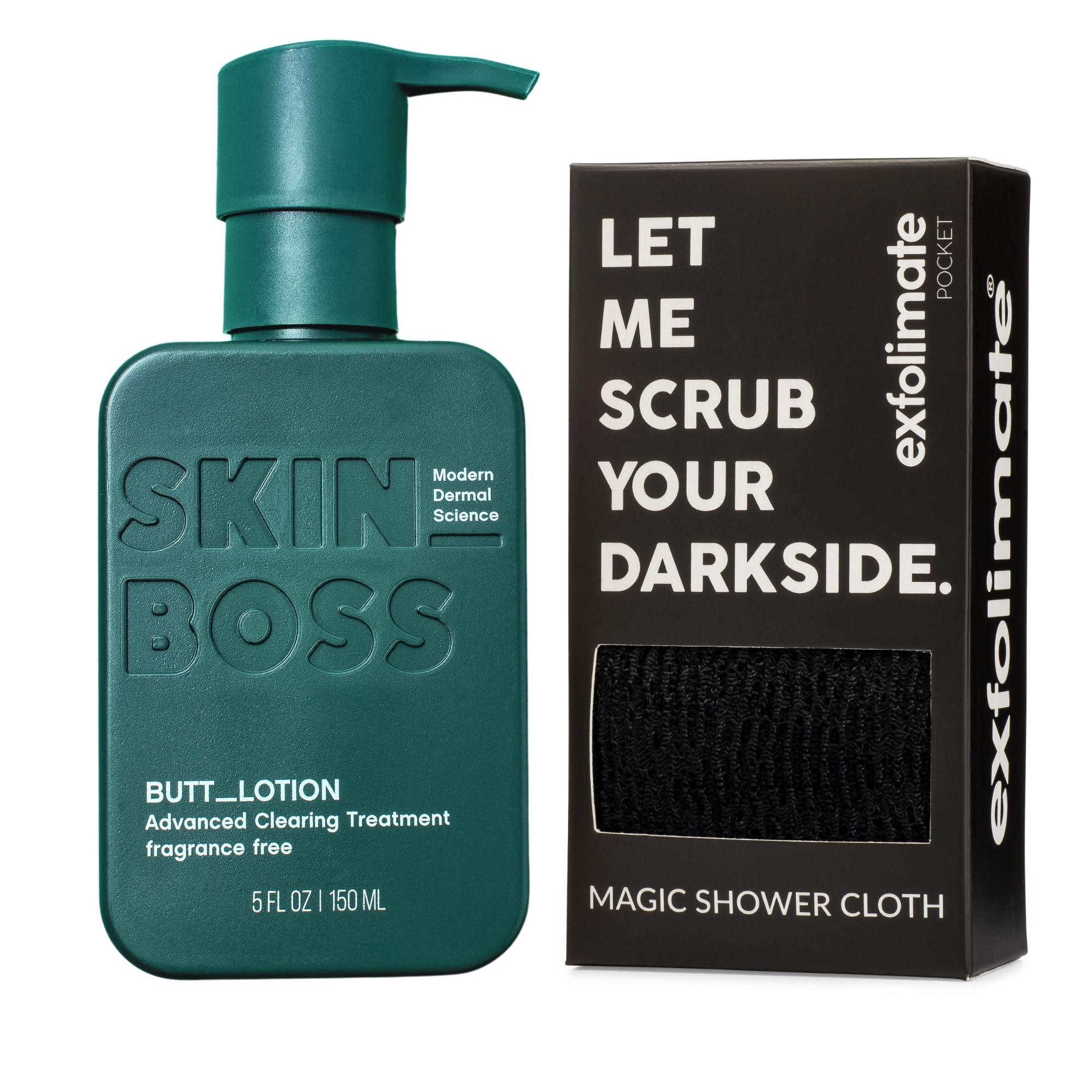 Green Heart Labs Brilliant Booty Kit | Butt Acne Clearing Lotion and ExfoliMATE Magic Body Exfoliating Cloth for Soft & Young Skin (Black)