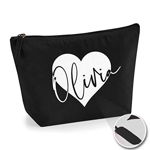 TULLUN Personalized Name Initials in Heart Make Up Multi Purpose Accessory Bag - M - Black Bag - White Flock