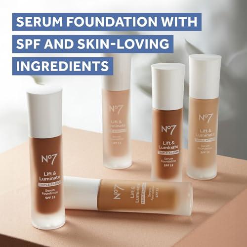 No7 No7 Lift & Luminate Triple Action Serum Foundation - Liquid Foundation Makeup with SPF 15 for a Dewy, Glowy Base - Radiant Serum Foundation for Mature Skin - Latte (1 Fl Oz)