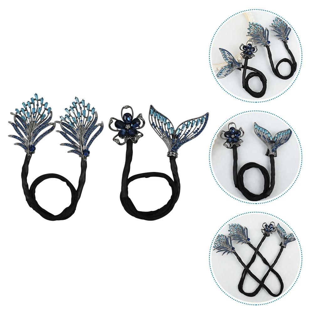 LOGOFUN LOGOFUN 2pcs Mermaid Tail Hair Bun Maker for Women Lazy Hair Curler Bun Clips Metal Flowers Feather Hair Bun for Girls Hair Accessories - Blue