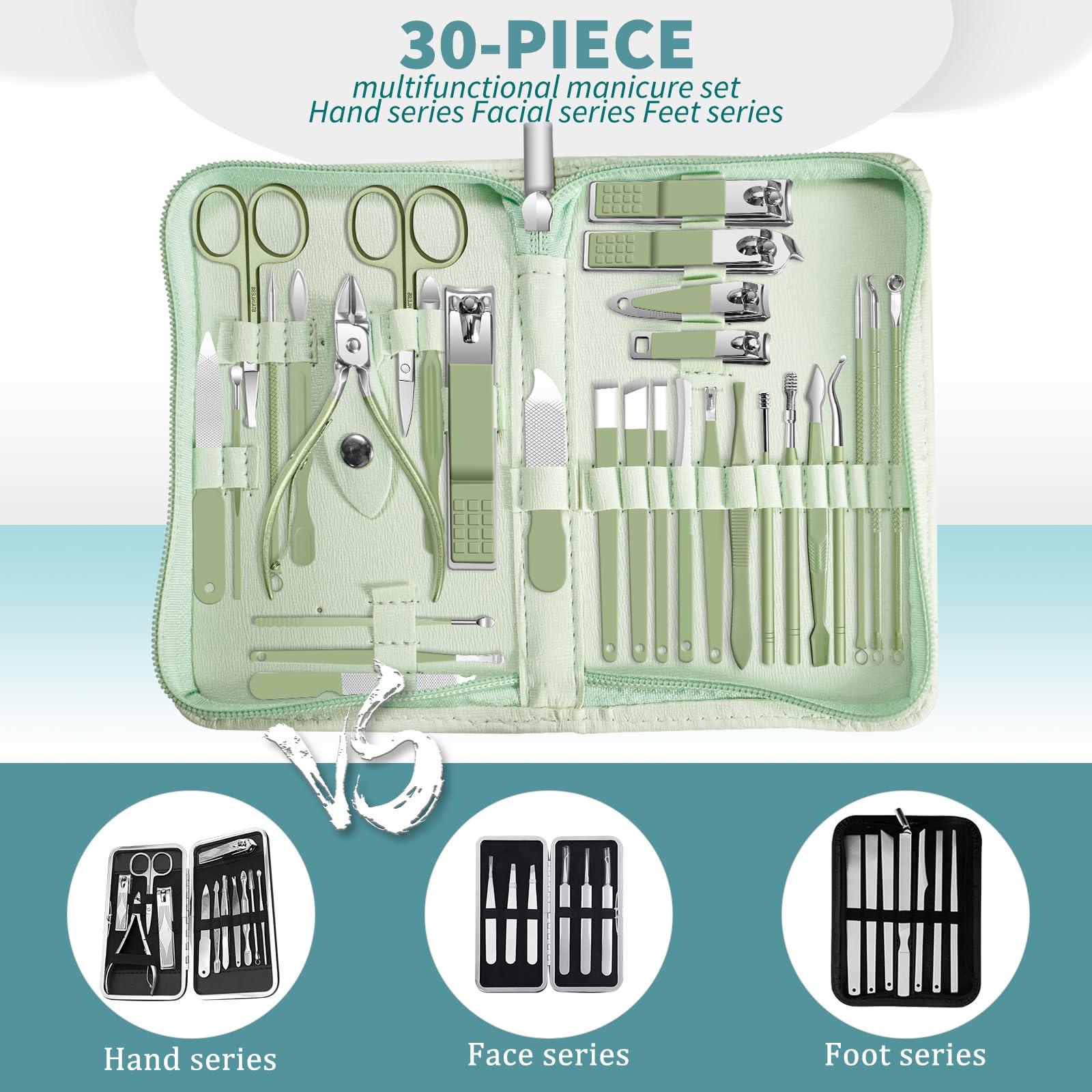 Andrea Manicure kit Personal Care Mens Grooming Kit, 30 in 1 Professional Nails Kit Pedicure Kit, Nail Clippers for Men and Nail Tools Portable Set, with Luxurious Travel Case (Green)