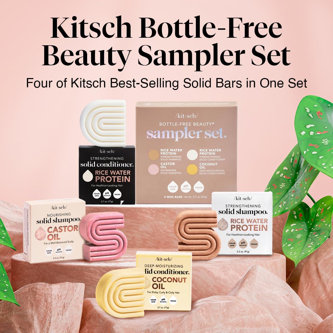 Kitsch Kitsch 4pc Sampler Solid Shampoo and Conditioner Set - Rice Bar & Castor Oil Shampoo and Rice Bar & Coconut Oil Deep-Moisturizing Hair Conditioner, Zero Waste - Valentines Gift