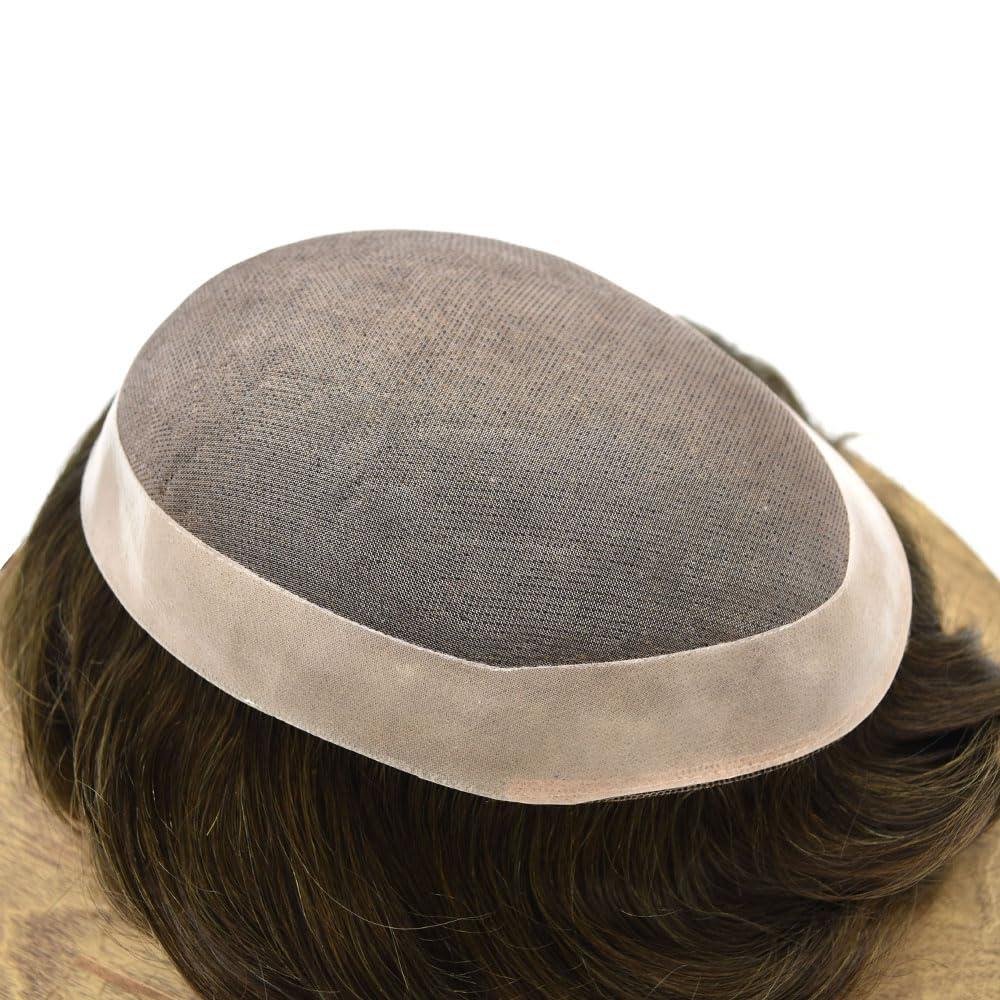 Generic Men Hair Piece Durable Fine Mono Hair System Toupee for Men Real Human Hair Mens Toupee Replacement Systems Men Hairpiece Protesis Capilar Para Hombre4# MEDIUM BROWN6x9-120% density