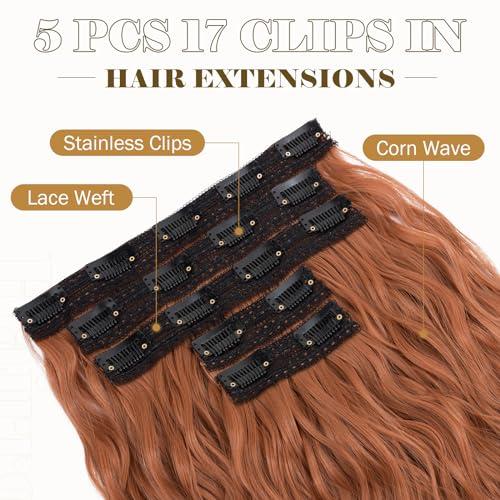 Hairro Hairro Clip In Hair Extensions 5PCS 17 Clips Ginger Copper Red Hair Extensions Synthetic Long Wavy Loose Wave Invisible Lace Weft Clip Ins Hairpiece For Women 24\" 250g #T1439