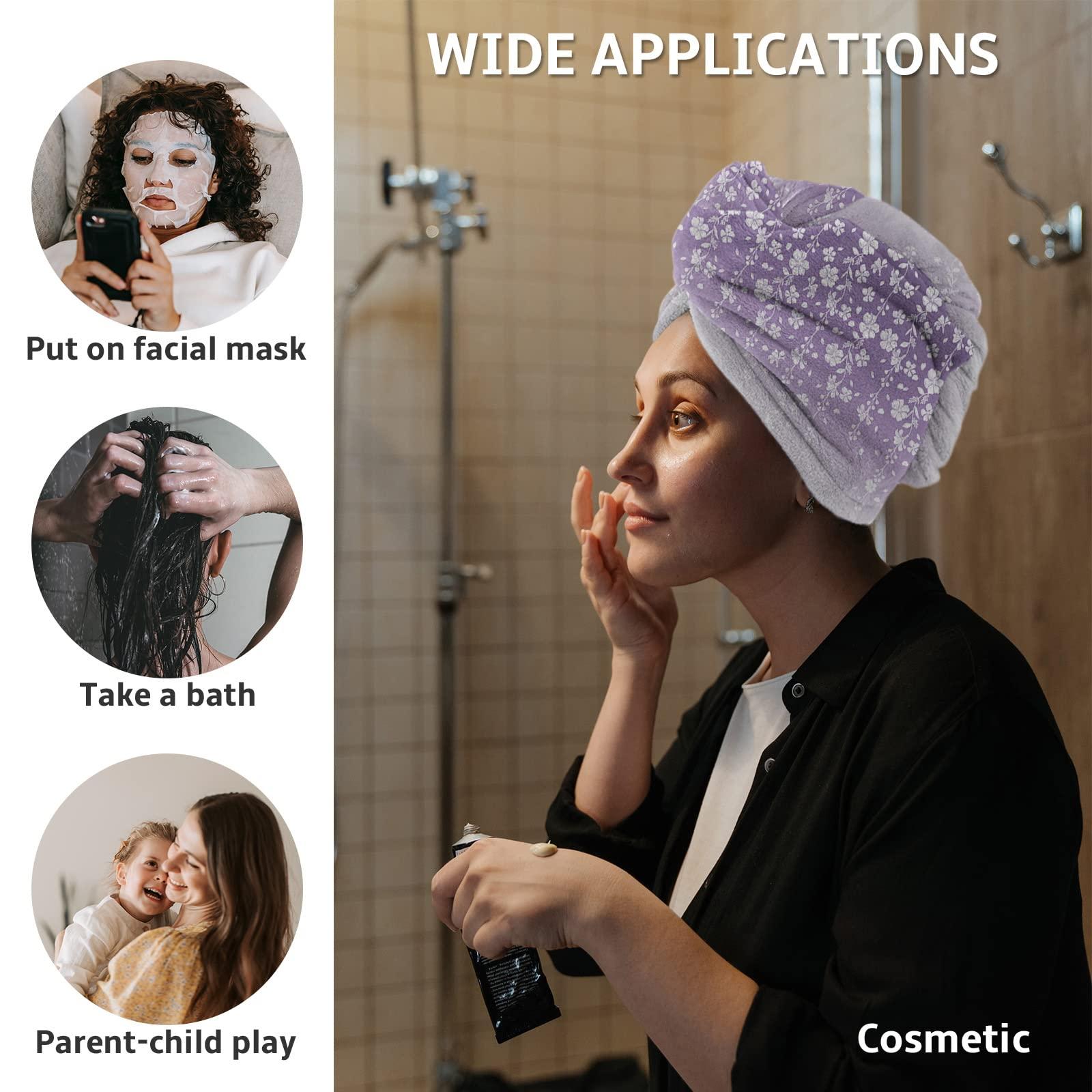 LEOSUCRE LEOSUCRE Microfiber Hair Towel Wrap Ultra Absorbent Hair Cap, Purple Floral Hair Towel with Buttons Hair Drying Towel Turban Bath Hair Wrap for Woman 26x10in Romantic Flower Drape