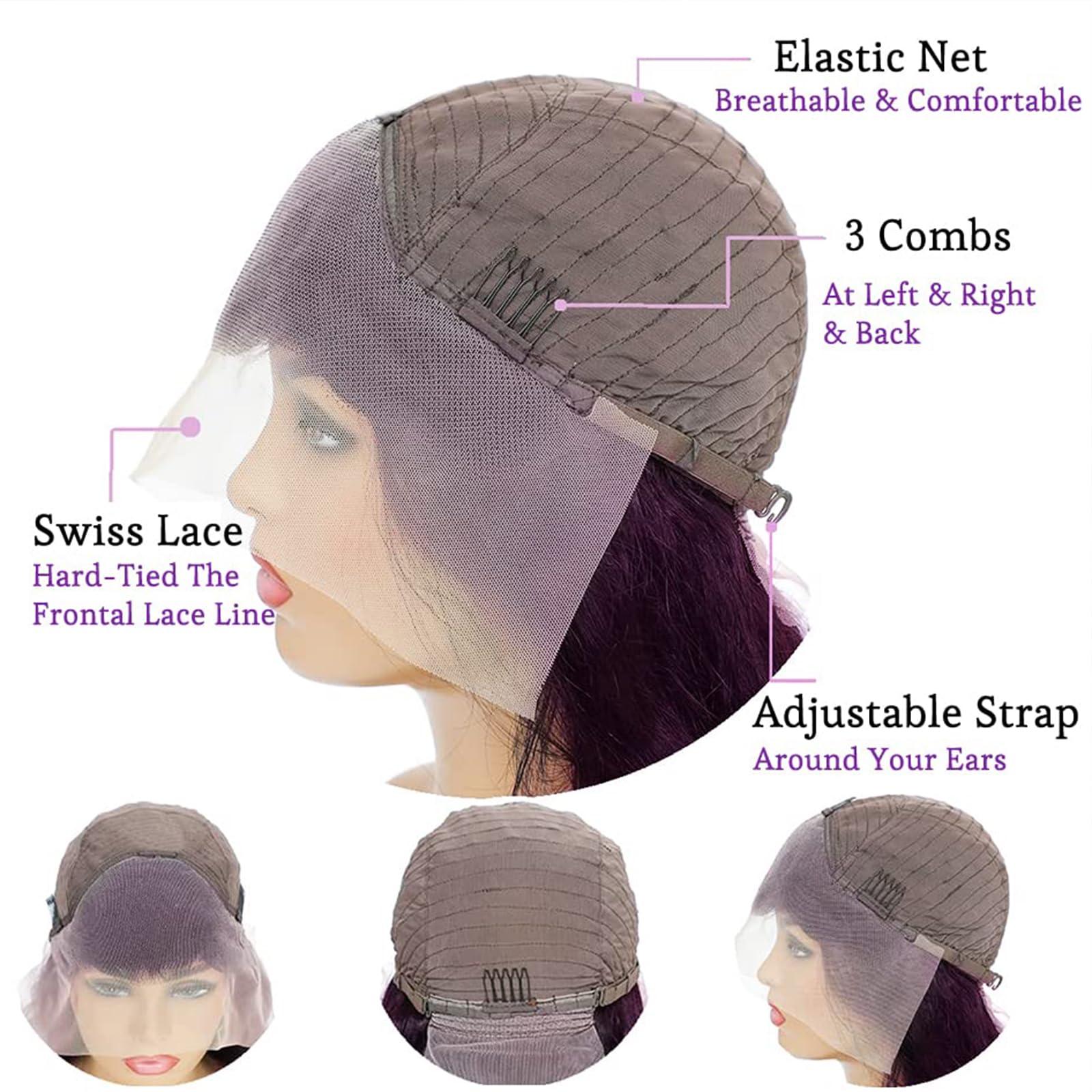 cute fairy cute fairy Deep Purple Lace Frontal Wig Human Hair 13x4 Dark Burgundy Straight Lace Front Glueless Wigs Human Hair for Women 24 Inch 150% Density with Baby Hair