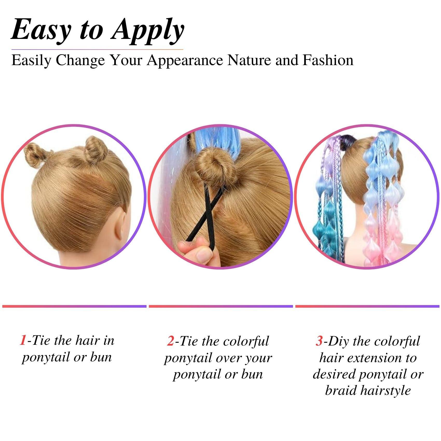 Gozill Rainbow Hair Extensions for Rave Box Braids Straight Synthetic Braid Ponytail Extensions with Elastic Tie for Party Festival (26Inch, Pack of 2)