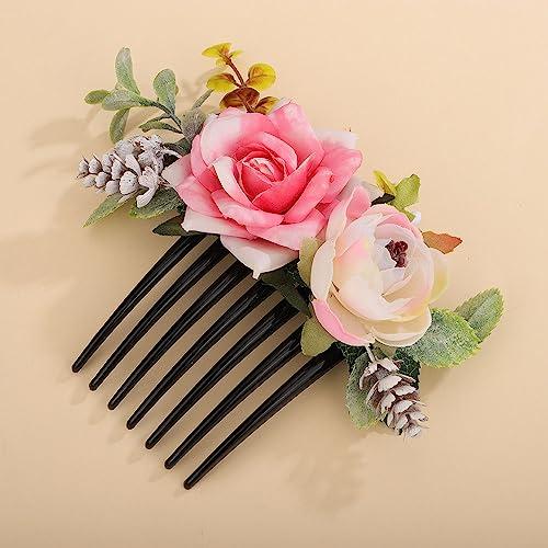 Teyglen Teyglen Bridal Flower Hair Comb Floral Artificial Flower Side Comb Bridal Hair Clip Pieces Headpiece Wedding Hair Accessories for Women Bride Photo Shoot Prom Party Festival (Style 1)