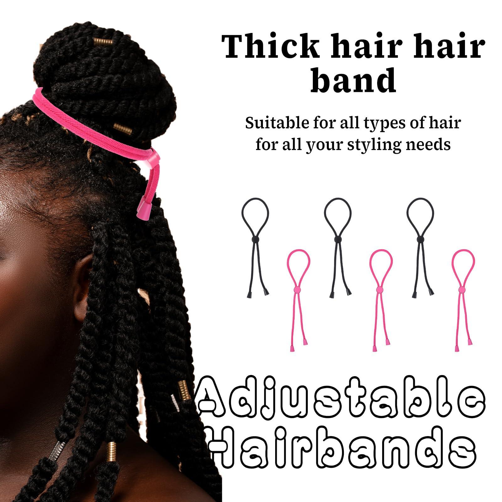 Abeillo 6 Pcs Long Adjustable Hair Ties for Thick Hair, Afro Puff Ponytail Ties for Natural Curly Hair, Afro Hair Accessories for Women Hair Bun, High Puff and Updos (Black, Pink)