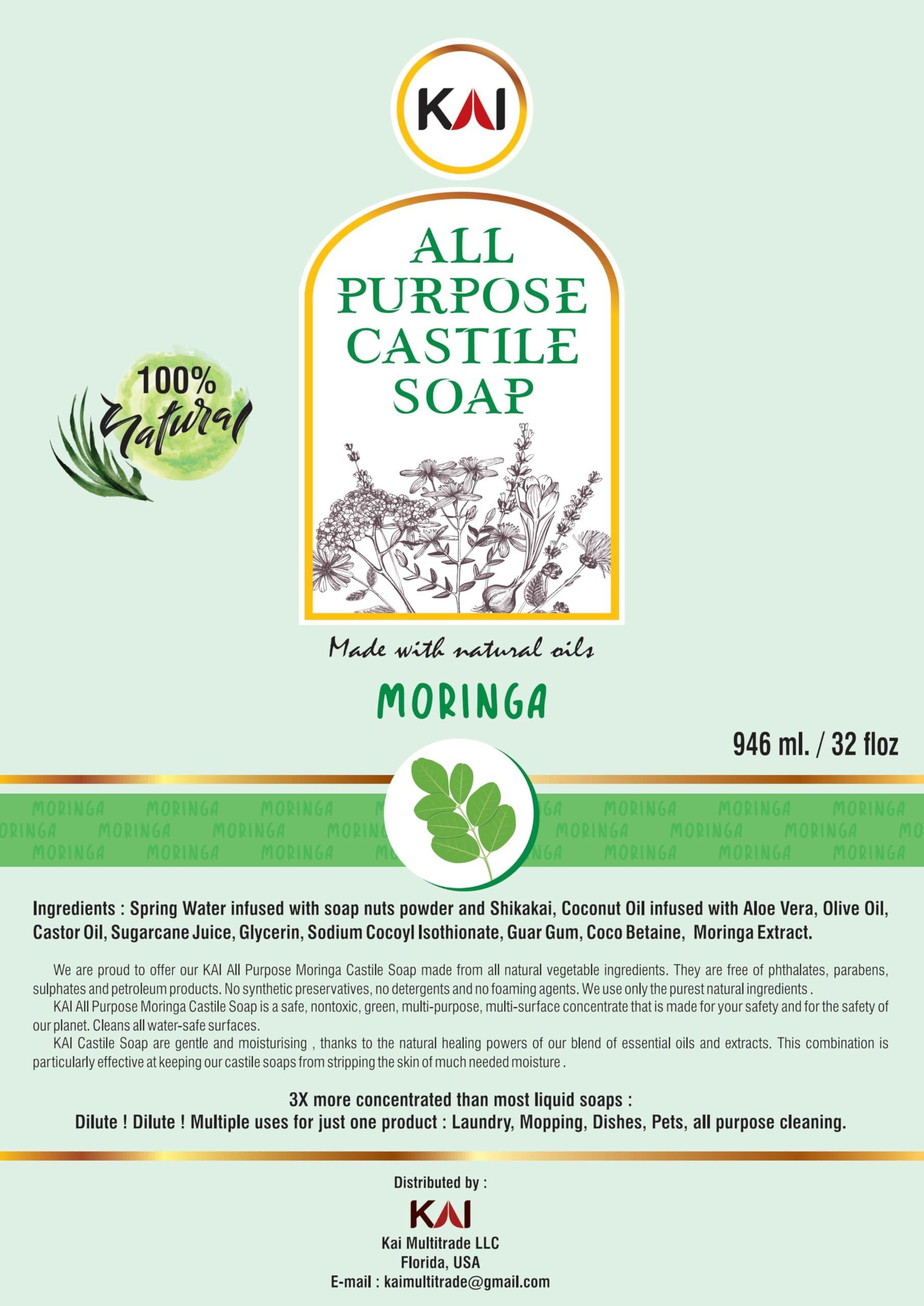 NinthAvenue Basics Kai All Purpose Pure Castile Soap | Natural and Multi-Surface Liquid Soap | Organic Soap for Face, Body, Hand, and Hair | Used for Dishes, Pets, Laundry, and Mopping | Moringa - 32 Fl Oz - 3 Pack