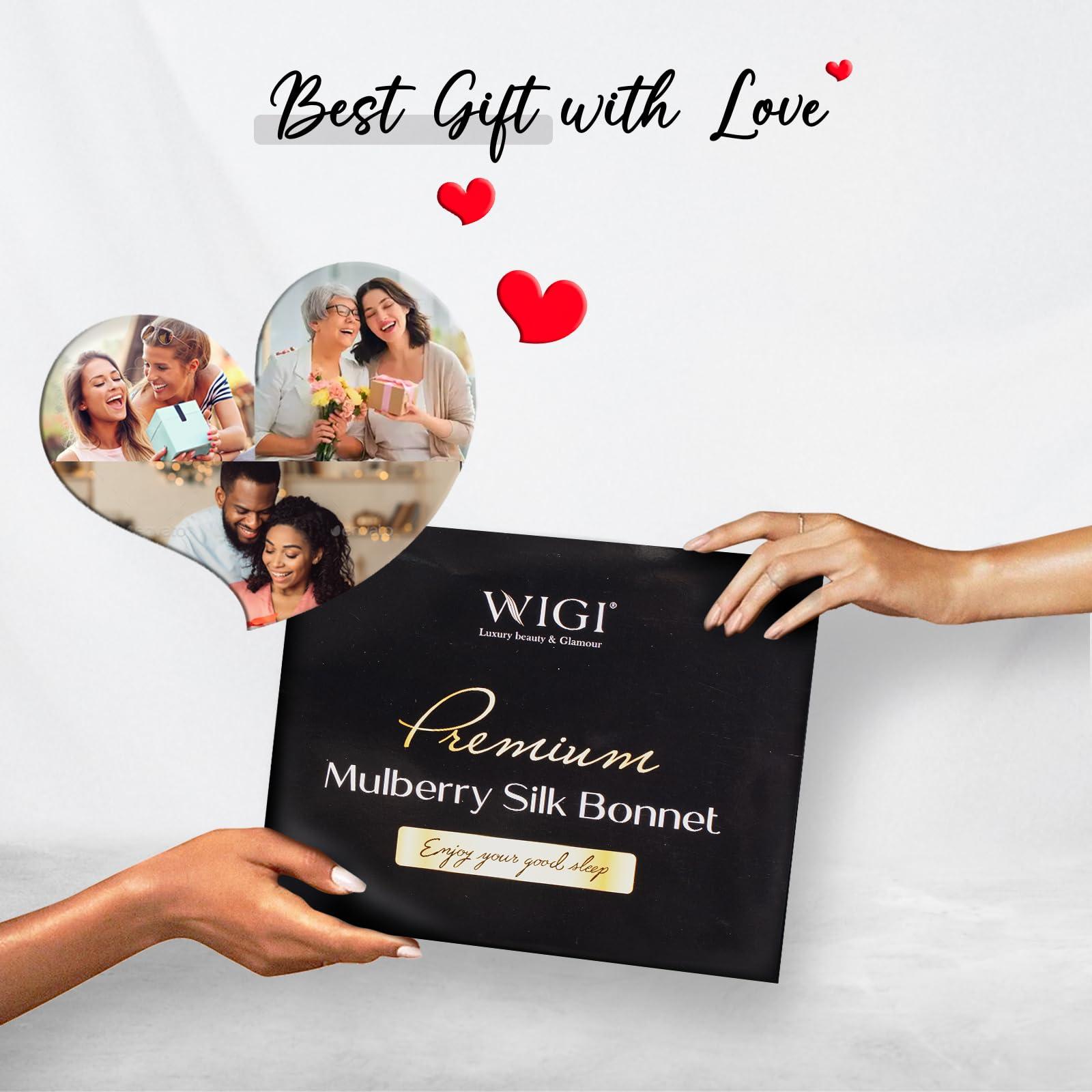 WIGI WIGI 100% Mulberry Silk Bonnet with Scrunchie Gift for Women, Silk Bonnet for Sleeping, Shower Cap Hair Bonnet, Silk Hair Wrap for Hair Care (100% Mulberry Silk (Round design), Black)