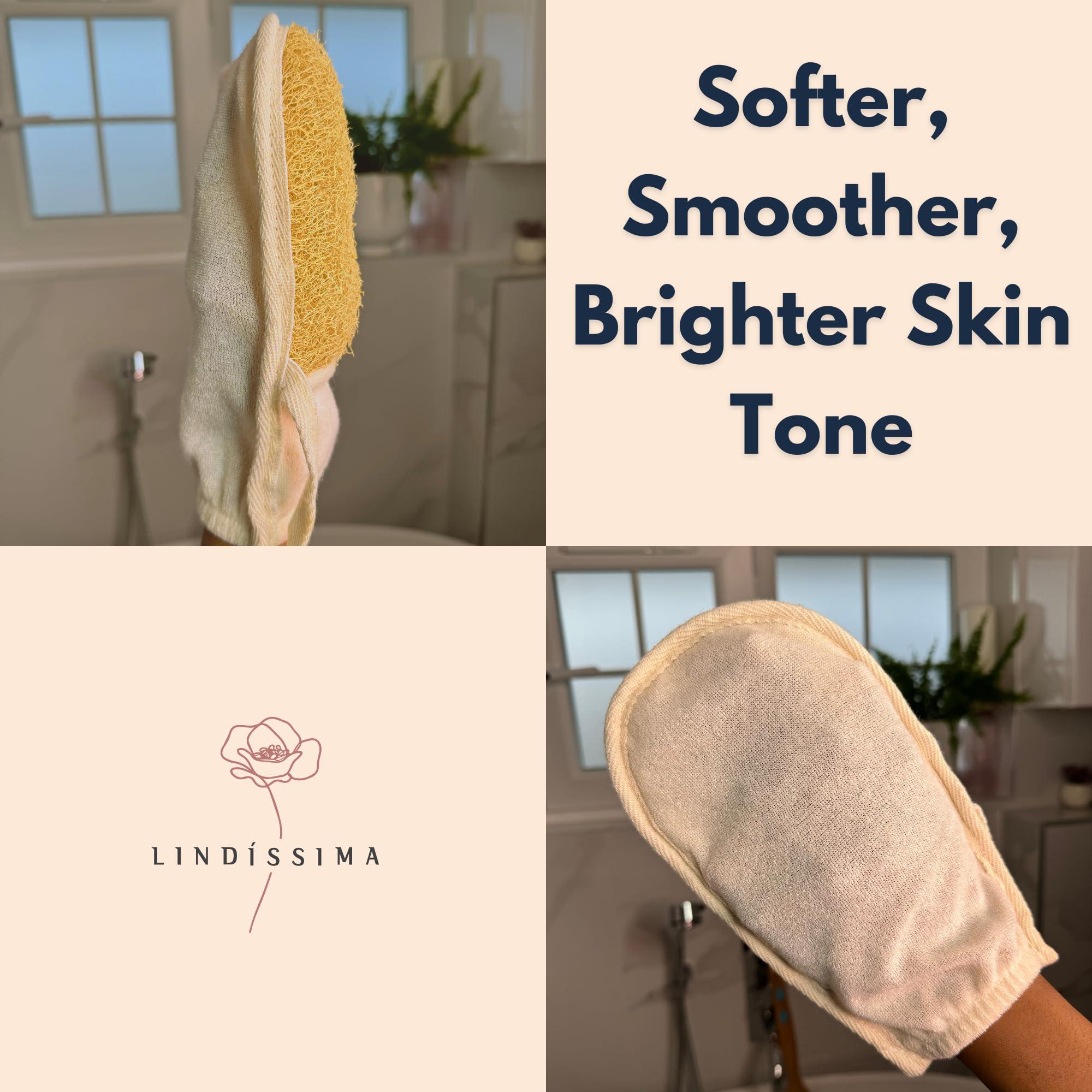 LINDISSIMA 100% Natural Exfoliating Loofah Mitt, A Shower Loofah Glove Crafted with Eco-Friendly Egyptian Loofa, Lufas for Women and Men, Luffa Bath Sponge Exfoliator Skin Wash