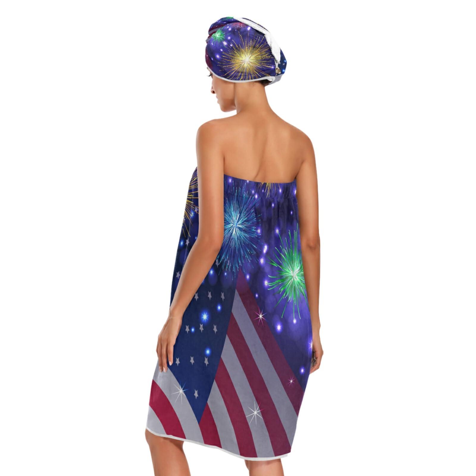 Poeticcity Poeticcity American Flag Shiny Sparkling Fireworks Independence Day July 4thWomen Bath Body Wrap, Absorbent Spa Towel Robe, Bathrobe Set of 3 with 1 Shower Wrap 1 Headband 1 Hair Towel Wrap