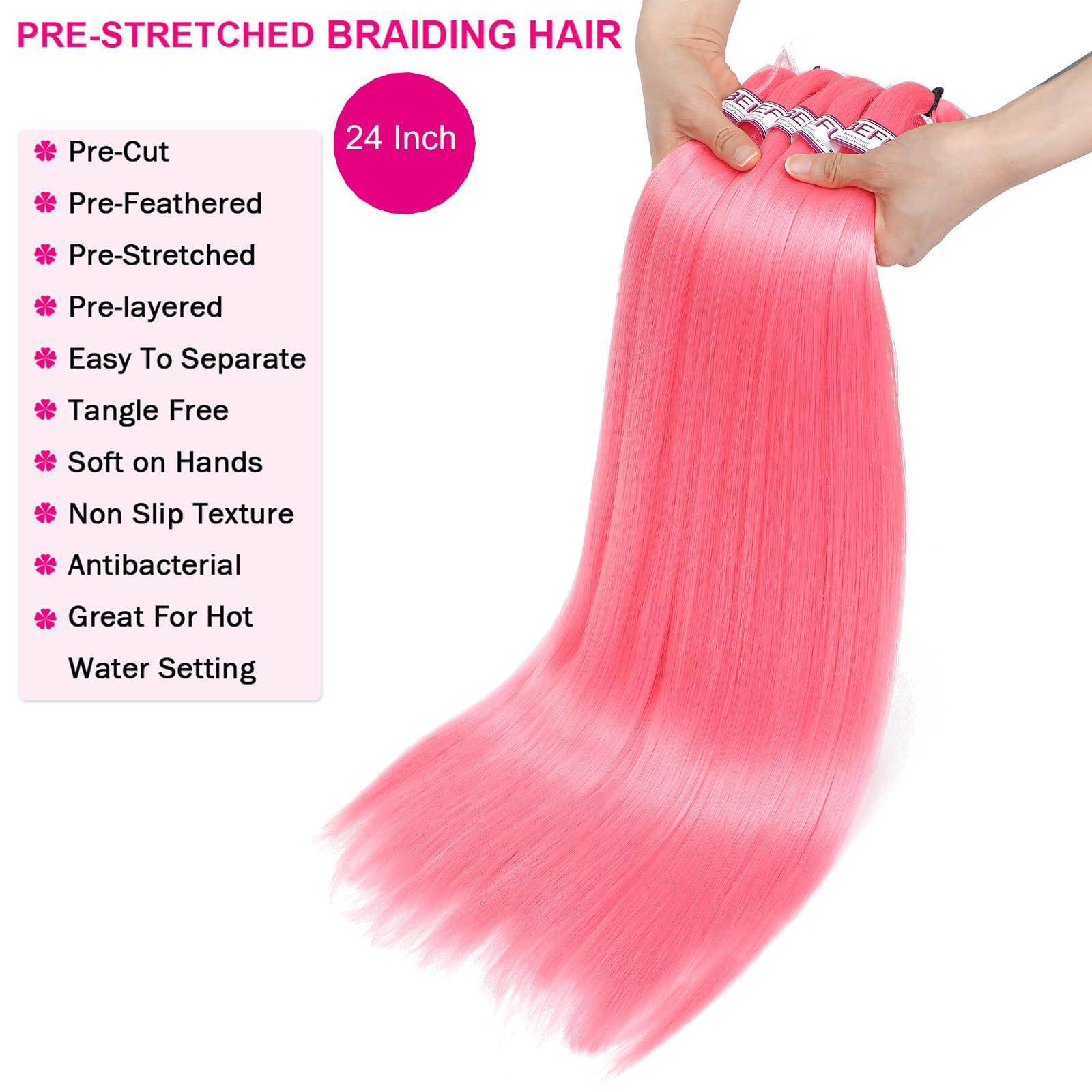 BEFUNNY Pink Braiding Hair,24 Inch 3 Packs Pre Stretched Braiding Hair,Ombre Prestretched Hair For Black Women Human Hair,Professional Itch Free Yaki Synthetic Hair Extension(24inch,pink,3pcs)
