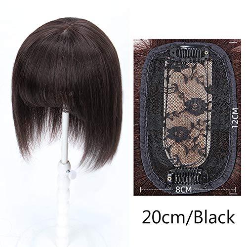 LesafeV Human Hair Piece with Wispy Bangs Smart Clip in Silk Base Topper Middle Parted 8x12cm/20cm, Black