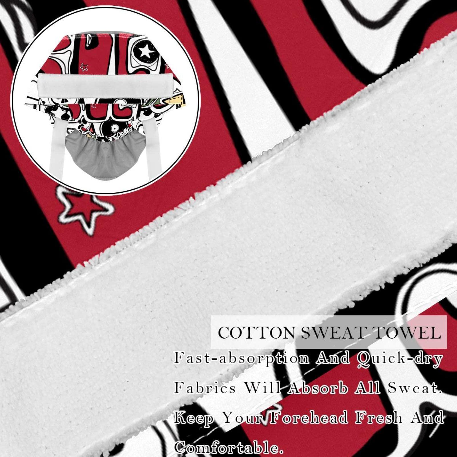 Lyetny Crazy Punk Rock Abstract Background Skulls Pins Guitars Rock Symbols Disk Stars Lips Scrub Caps Hats Women Bouffant Working Hat Ponytail Holder for Women Long Hair Covers 2PCS