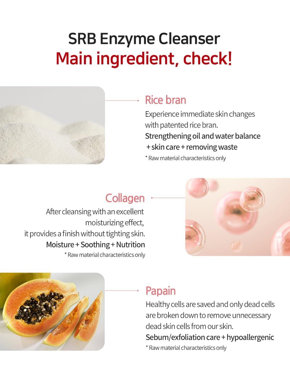 SRB SRB Stabilized Rice Bran Enzyme Powder Wash - Exfoliating Face Wash with Enzymes for Sensitive and Acne Skin - Hydrating Collagen Rice Cleansing Powder (2.46oz)