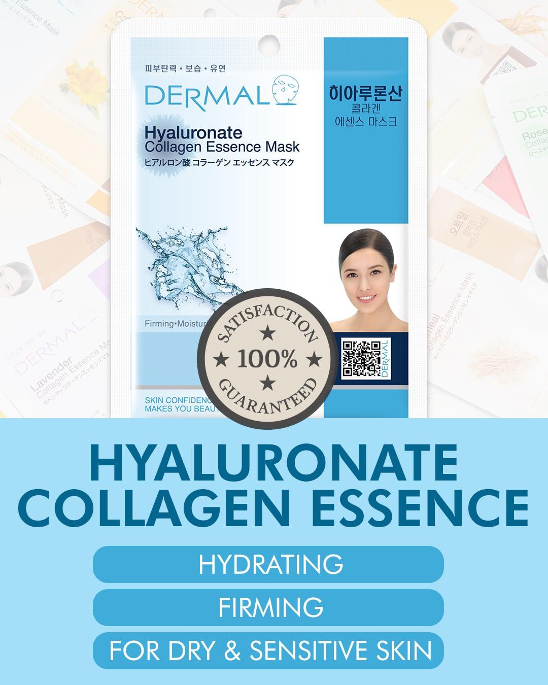 DERMAL DERMAL Hyaluronate Collagen Essence Facial Mask Sheet 23g Pack of 100 - Hydro Boost Moisturizing for Dry Skin, Smoothing Fine Lines Wrinkles, Daily Skin Treatment Solution Sheet Mask