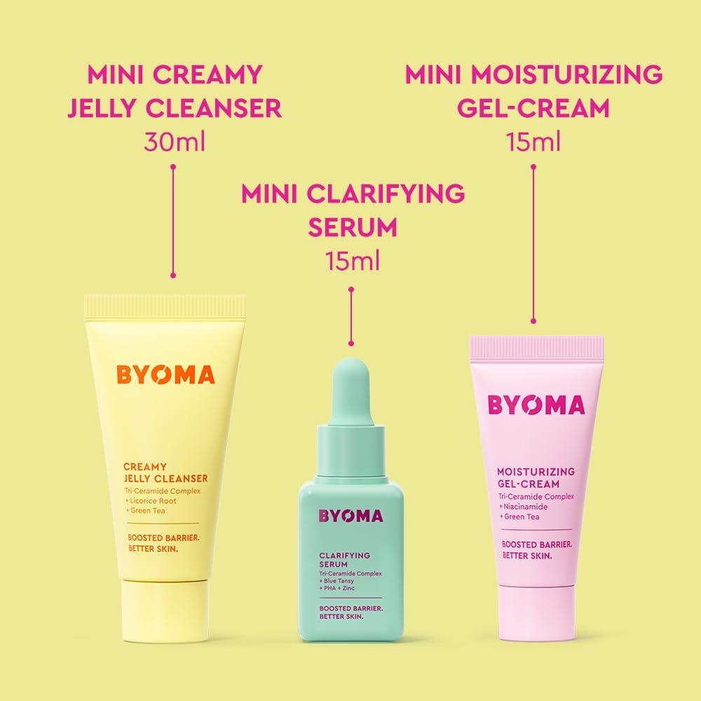 Byoma BYOMA So Clear Set - Barrier Repair Skincare Set for Acne Prone Skin - Creamy Jelly Cleanser, Clarifying Face Serum & & Gel-Cream Moisturizer - Unclogs Pores, Targets Blemishes - 30ml, 15ml, 15ml
