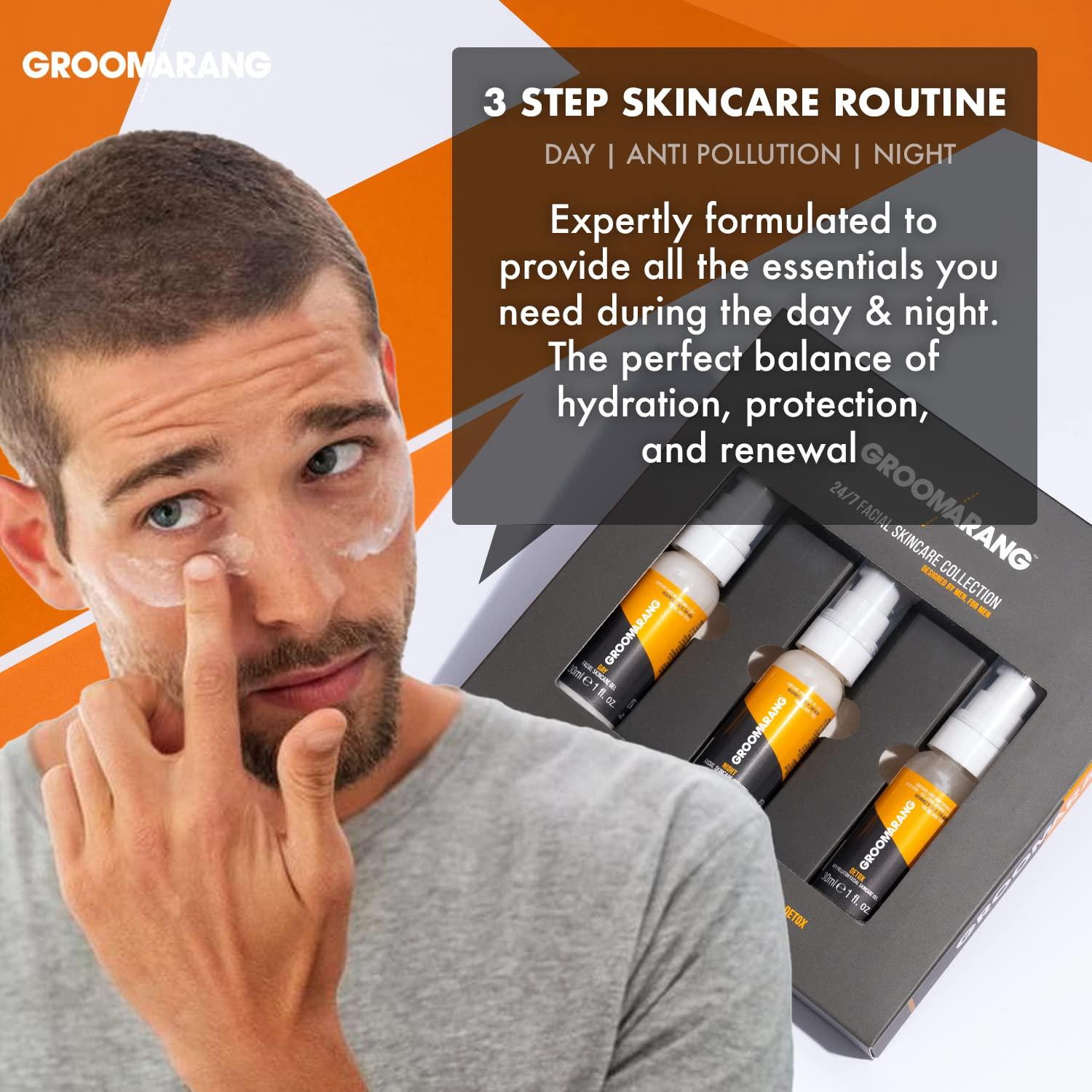 Groomarang Mens Moisturiser Gift Set GROOMARANG 24/7 Mens Skincare Gift Set x3 Vitamin Enriched Moisturising Creams for 24/7 Protection - Day, Night & Detox With Ginseng, Aloe Vera & Collagen