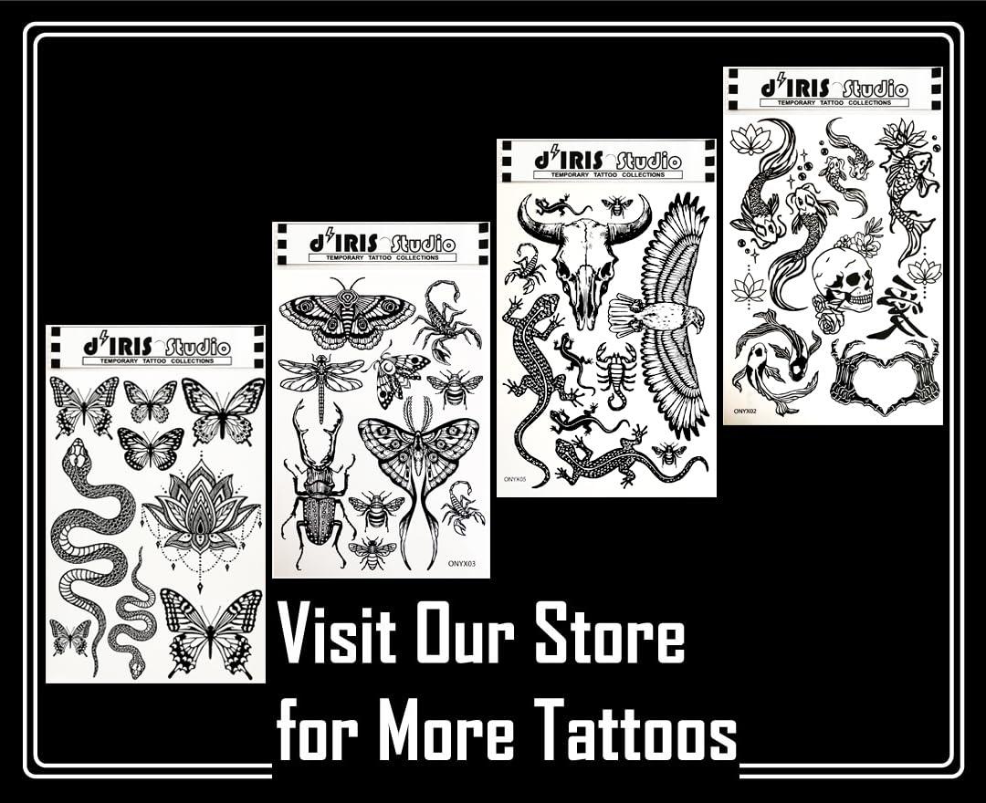 d'IRIS studio Temporary Tattoos for Adult Women - 2 Sheets - Black Big Ying and Yang Koi Fish Kanji Love Skeleton Heart Hand Skull Lotus Sleeve Adults Tattoo