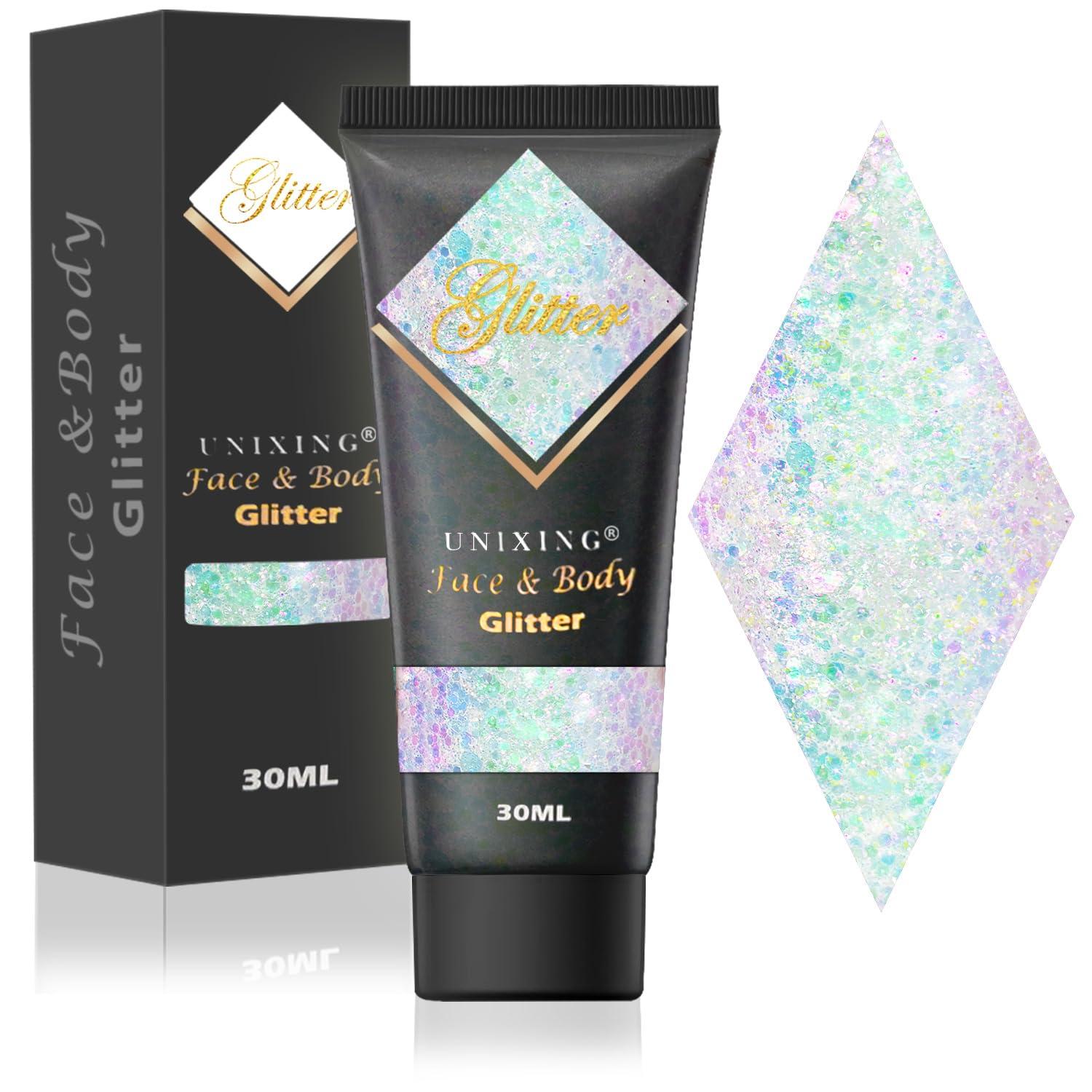 Unixing Body Glitter Gel for Face, Hair, and Makeup - Self-Adhesive Mermaid Sequins Paint - Chunky Glitter for Mardi Gras, Concerts, Music Festivals, Rave