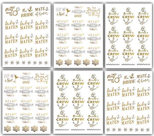 Bachelorettesy Bachelorettesy Wedding Temporary Tattoos 6 Sheets Bride Bachelorette Stickers 100+ Metallic Gold Tattoos for Bridal Party, Bachelorette Trip, Bridal Shower Party Decorations, Party Favors (Marina)