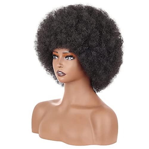 SUSMO SUSMO 14" 70s Short Black Afro Kinky Curly Bob Hair Wigs for Black Women,Large Bouncy and Soft Natural Looking Premium Synthetic Hair Hippie Wigs for Black Women perique afro naturelle Black-F