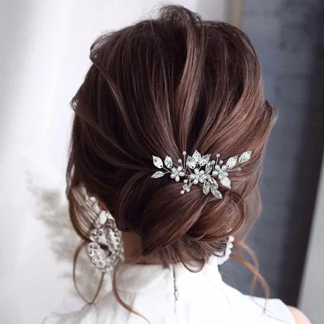 EVILD Evild Leaf Bride Wedding Hair Comb Silver Pearl Rhinestone Hair Piece Flower Crystal Bridal Hair Accessories for Women